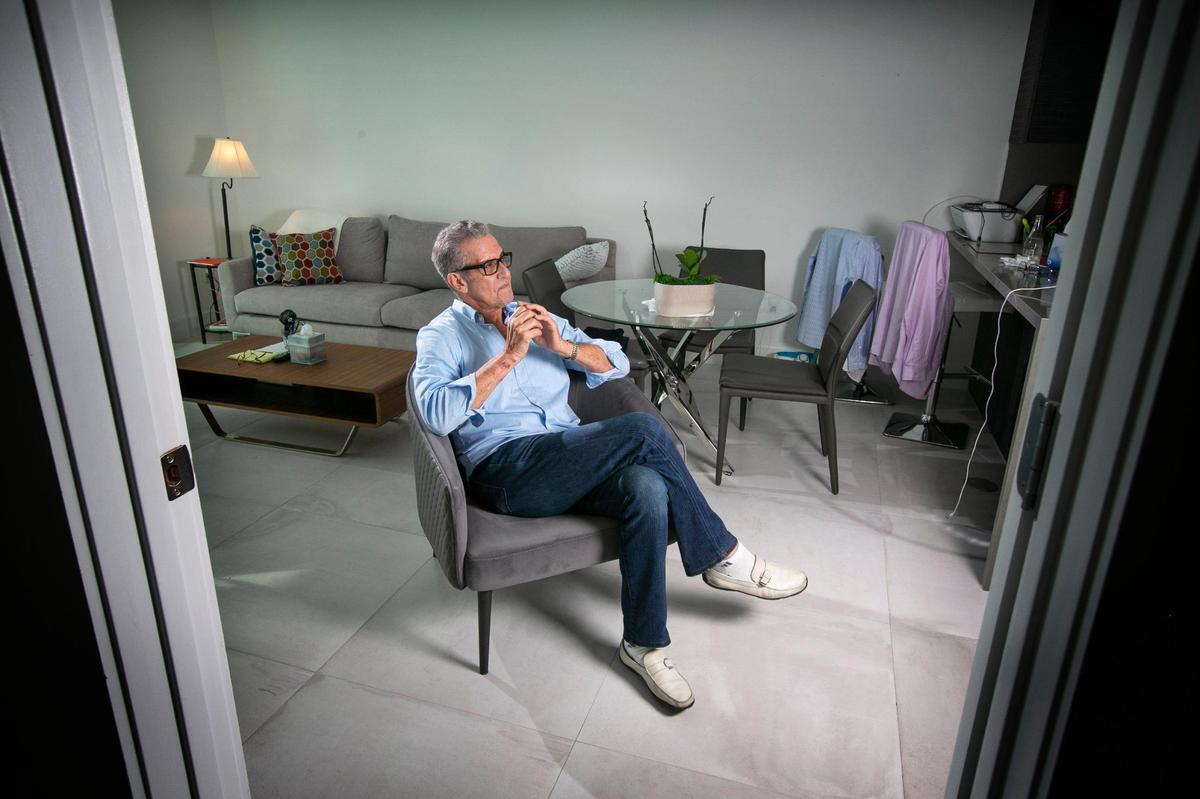 Steve Rosenthal, a survivor of the partial collapse of Champlain Towers South, in the jeans and shoes he wore when he was rescued from his seventh floor condo. Rosenthal lost his home and everything in it, except for a few things he was able to throw into a small bag. Rosenthal is renting an apartment on Brickell.