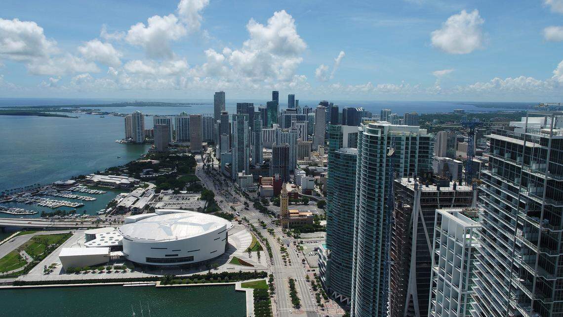 An aerial view of the AmericanAirlines Arena, home of the Miami Heat, with its signature airplane design on the roof. Miami-Dade owns the building, and is in talks for a new sponsorship deal to replace American as the title sponsor of the building. No word yet on what would happen to the airplane design.
