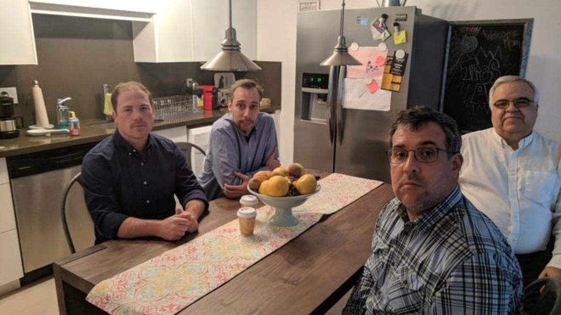 Venezuelan reporters, from left, Joseph Poliszuk, Roberto Deniz, Alfredo Meza and Ewald Scharfenberg had to leave the country after their investigative reporting for the website Armando.info put them in the crosshairs of the government and the courts. This photo was taken in Miami after they had to flee suddenly. They now run the website from Bogota, Colombia.