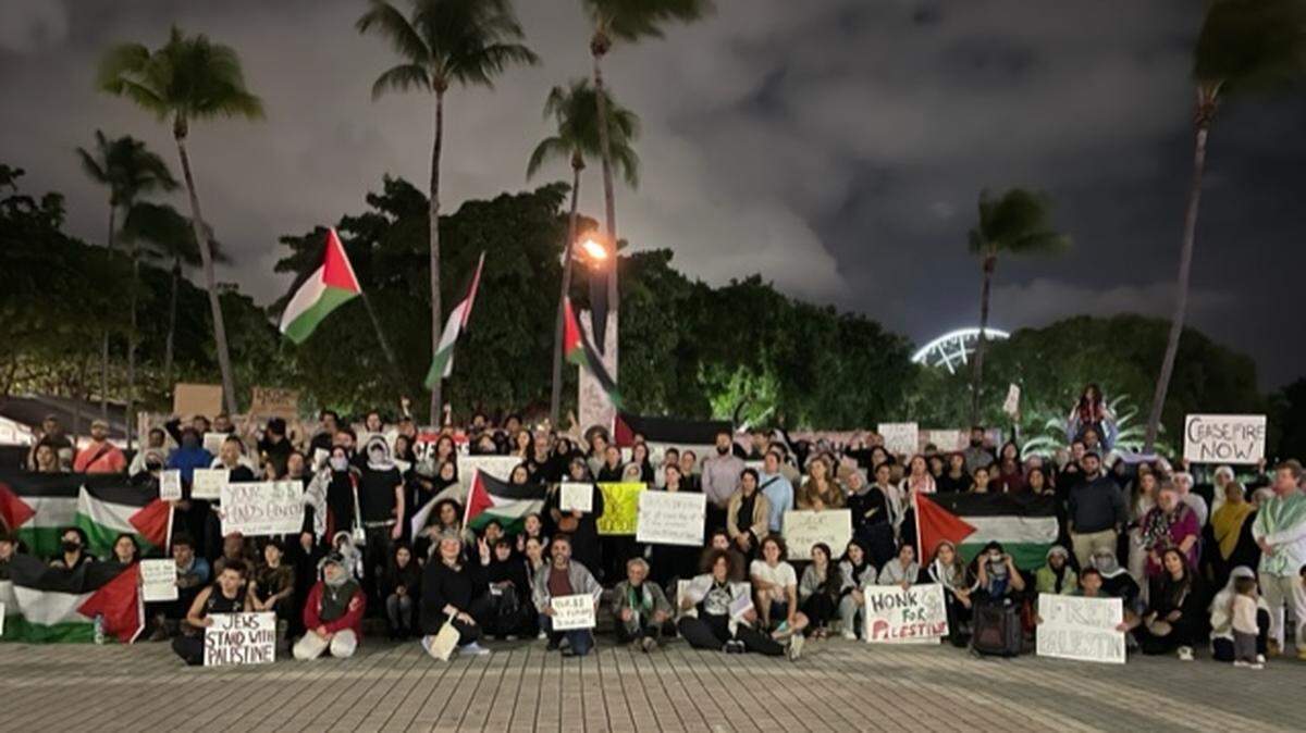 Hundreds turned out in November for the final evening of a 48-hour sit-in at Miami’s Torch of Friendship calling for a ceasefire in the Gaza strip.