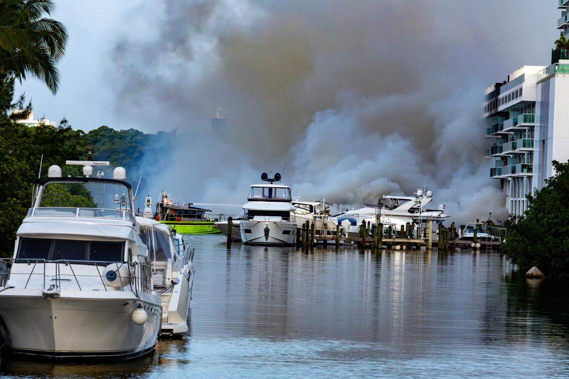 Miami-Dade Fire Rescue and Miami Fire Rescue crews responded to multiple boat fires early Friday, June 6, at a dock behind a high-rise condominium at 400 Sunny Isles Boulevard. The incident occurred near the NE 163rd Street bridge over the Intracoastal Waterway, close to Oleta River State Park in Sunny Isles Beach, Florida