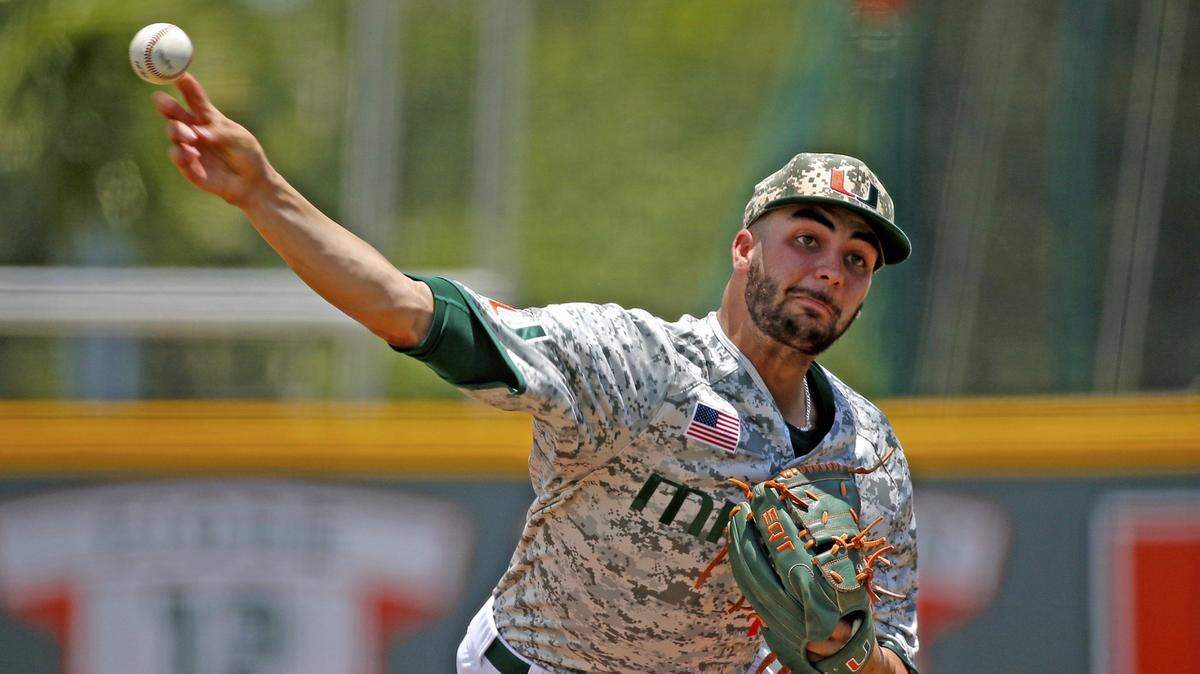 University of Miami pitcher Chris McMahon pitches in the first inning as the University of Miami plays its final regular-season game against ACC foe Duke at Alex Rodriguez Park at Mark Light Field on Saturday, May 18, 2019.
