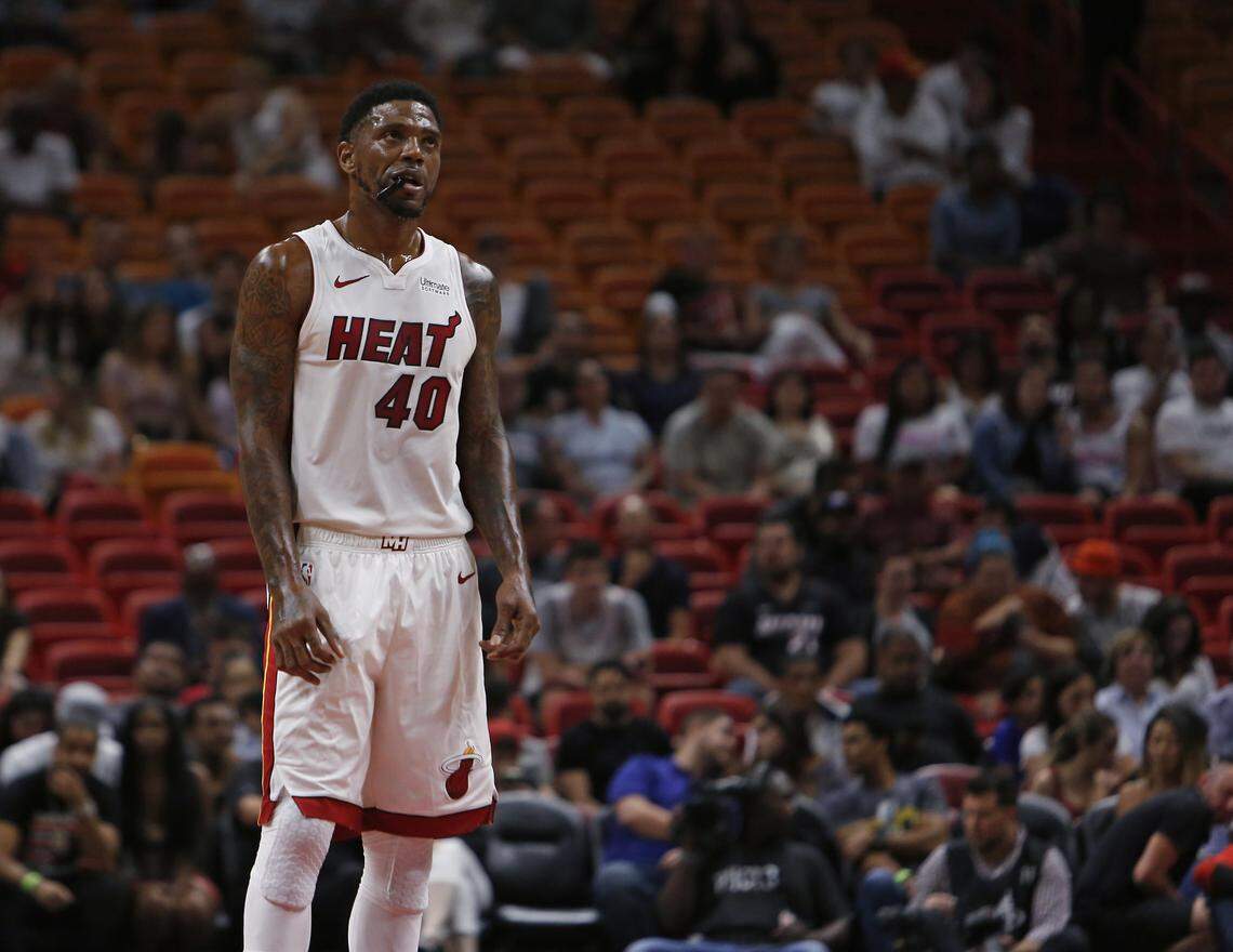Miami Heat forward Udonis Haslem looks on during an Oct. 10 preseason game.