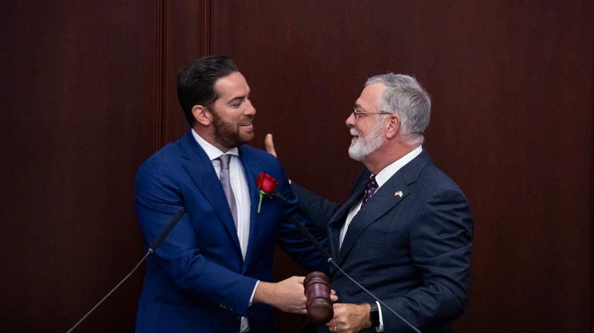 Florida House Speaker Daniel Perez, R-Miami, hands Florida Senate President Ben Albritton, R-Wauchula, the gavel during the first day of the legislative session at the Florida State Capitol on Tuesday, March 4, 2025, in Tallahassee, Fla.