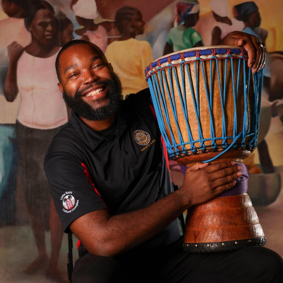 Qunyatta Warren, the LHCC’s new director, is photographed at the Little Haiti Cultural Complex and is passionate about African drumming. Warren love of the traditions of the African diaspora and their cultural expressions has become a focal point in the direction of the complex during a visit on Monday, November 6, 2023 in Miami’s Little Haiti neighborhood.