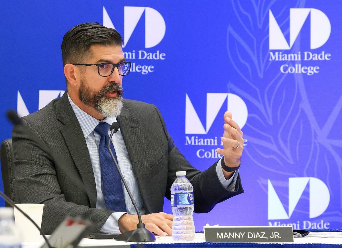 Commissioner Manny Diaz speaks at the Florida Board of Education meeting at Miami Dade College on Wednesday, May 29, 2024, in Miami, Florida.