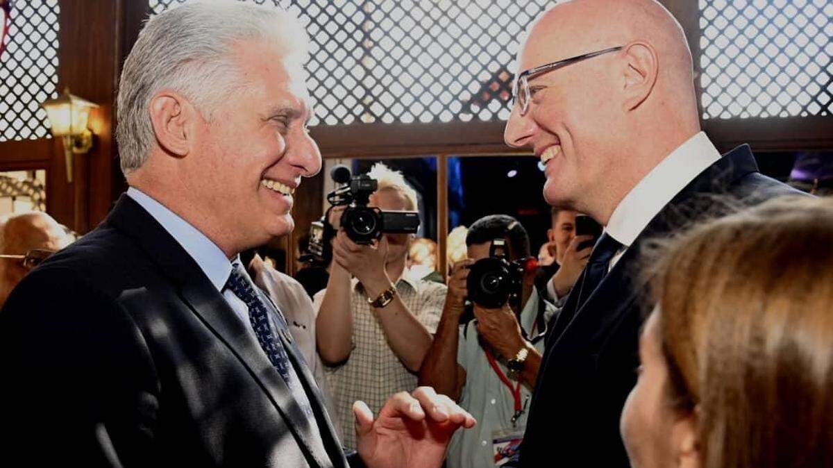 Cuba’s appointed president Miguel Díaz-Canel, left, greets Russia’s Deputy Prime Minister Dmitry Chernyshenko during a business event on May 19 in Havana.