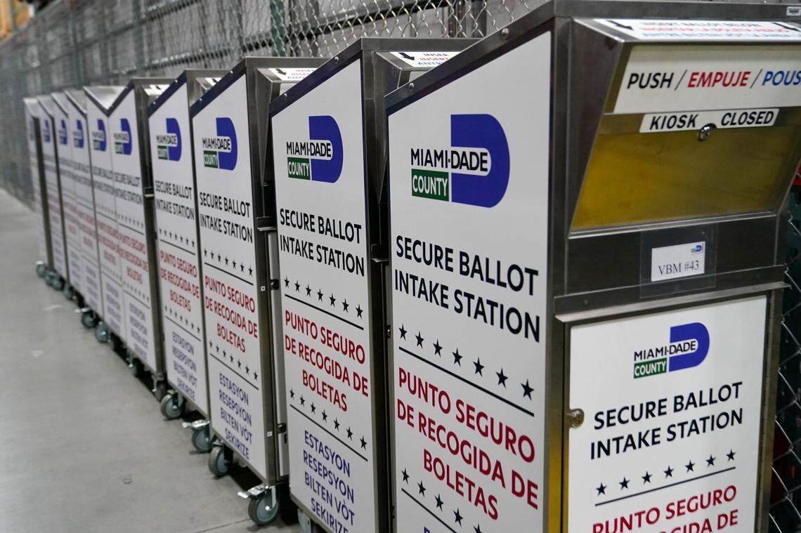 Ballot boxes are lined up as employees test voting equipment at the Miami-Dade County Elections Department on Oct. 19, 2022, in Miami, before the 2022 midterm elections on Nov. 8.