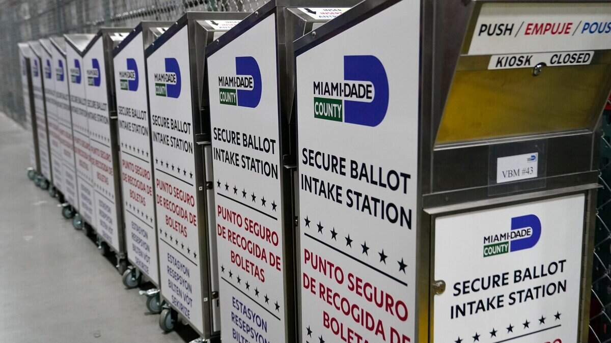 Ballot boxes are lined up as employees test voting equipment at the Miami-Dade County Elections Department on Oct. 19, 2022 in Miami, before the 2022 midterm elections on Nov. 8.