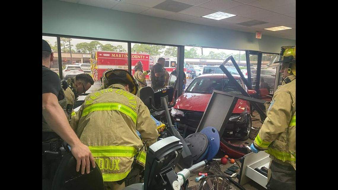 A Martin County Sheriff’s Deputy undergoing physical therapy was seriously injured when a car smashed through the front of the Jensen Beach Plaza, according to the Martin County Sheriff’s Office in Florida.