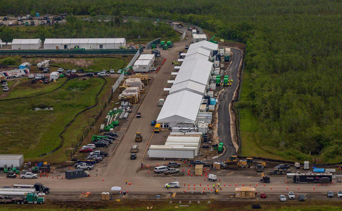 Aerial view of structures including gigantic tents built at the recently opened migrant detention center, “Alligator Alcatraz,” located at the site of the Dade-Collier Training and Transition Airport in Ochopee, Florida on Friday July 04, 2025.