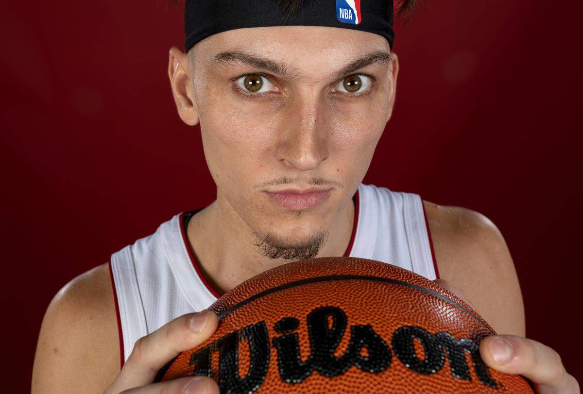Miami Heat guard Tyler Herro (14) is photographed during team Media Day at the Kaseya Center on Monday, Oct. 2, 2023, in Miami, Fla.