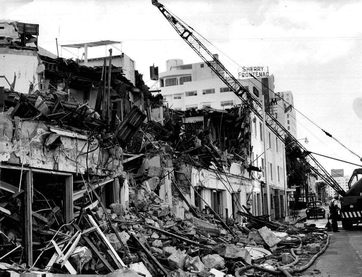 Demotlition of the origial Macfadden-Deauville hotel at 67th Street and Collins Avenue. A new Deauville was built in the 1950s and that building was demolished in 2022.