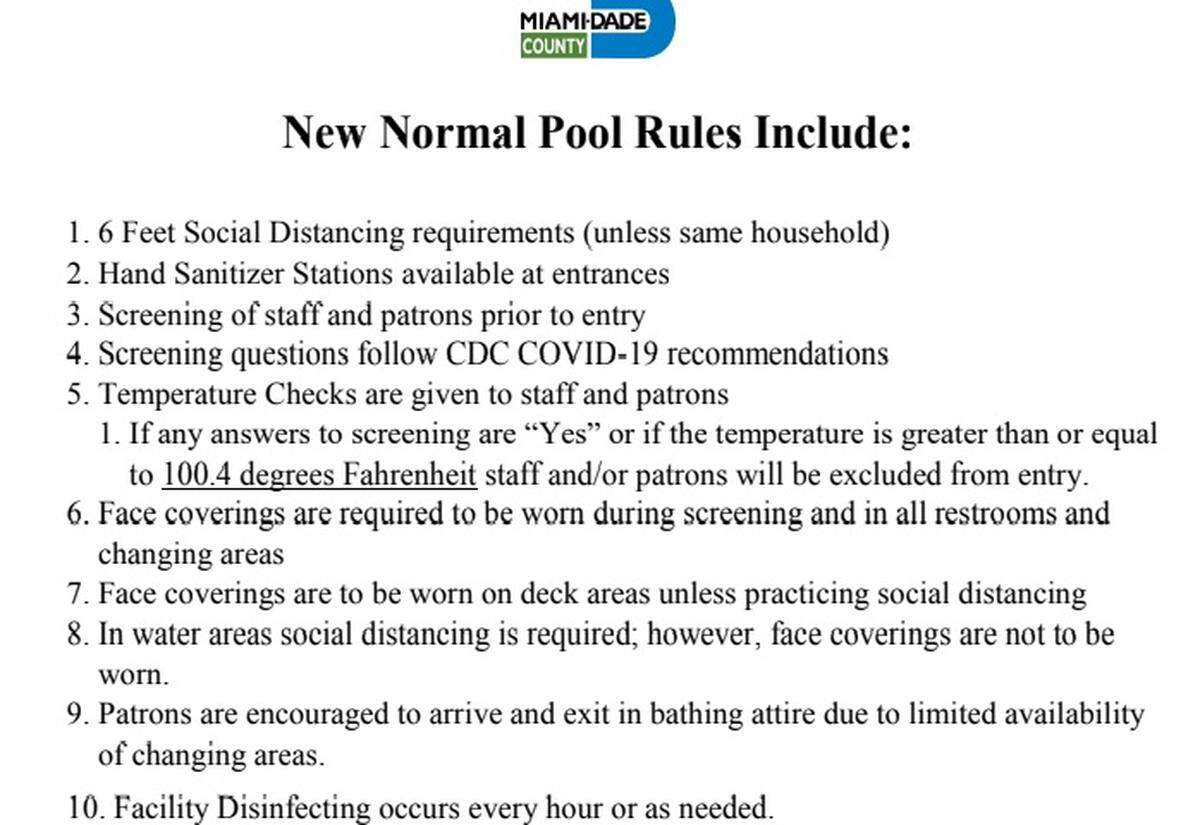 Miami-Dade Parks and Recreation’s “new normal pool rules” in June 2020.