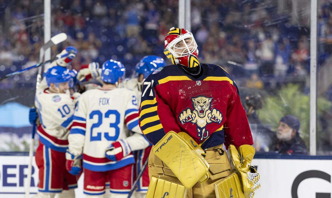Florida Panthers goaltender Sergei Bobrovsky (72) reacts after New York Rangers center Mika Zibanejad (93) scored in the second period of their Winter Classic outdoor hockey game at loanDepot park on Friday, Jan. 2, 2026, in Miami, Fla.