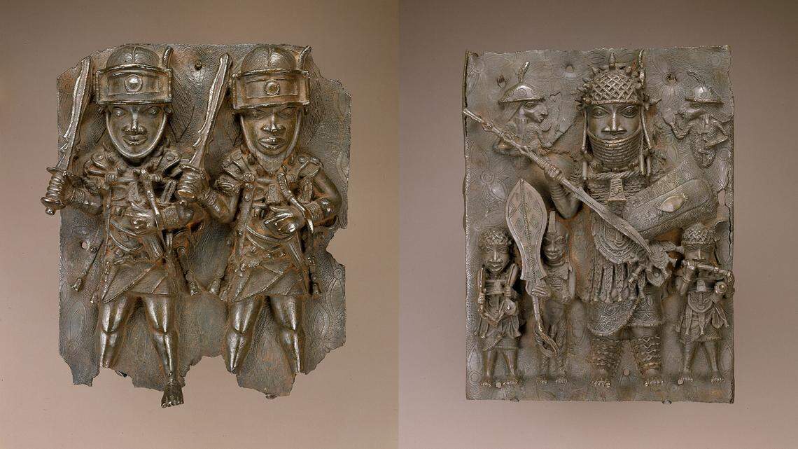 Left: A bronze plaque with two men holding short bows and swords. Right: A plaque showing a person with a ceremonial sword, musicians with gongs and trumpets at the bottom, and the lower-halves of Europeans in the upper background.