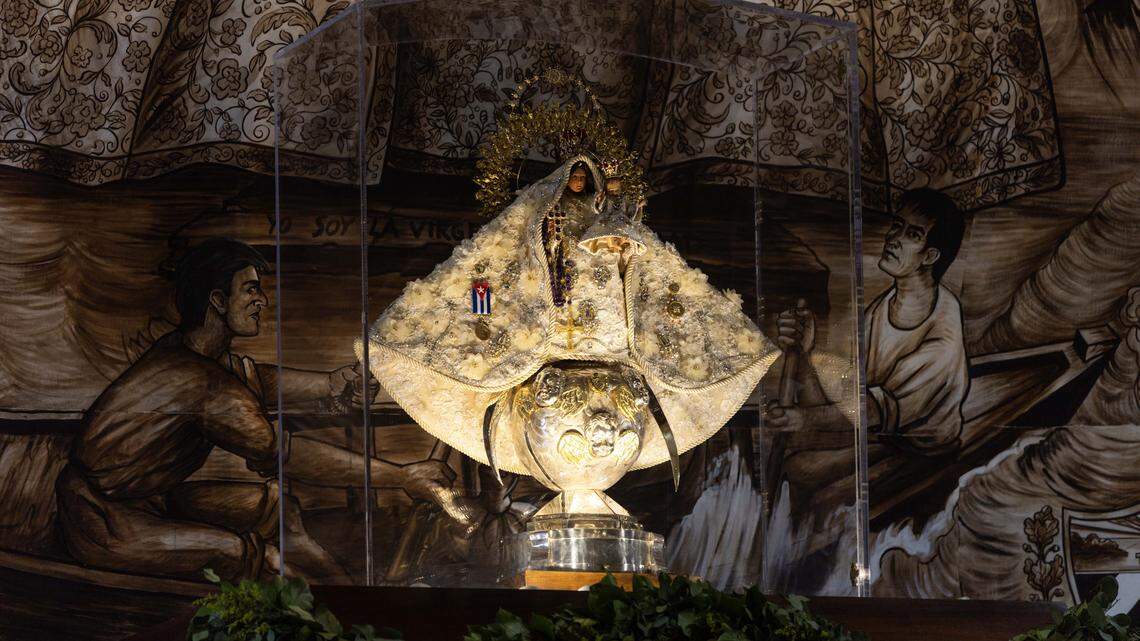 A figurine of Our Lady of Charity atop the church sanctuary inside Ermita de la Caridad during the annual celebration of the feast day of Cuba's patroness at the National Shrine of Our Lady of Charity, on Monday, September 8, 2025, in Coconut Grove, Fla. 