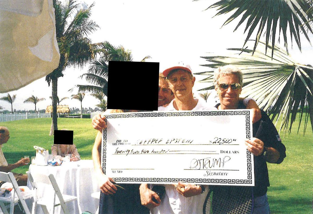 Jeffrey Epstein holding up an oversized check for $22,500 signed by Trump.