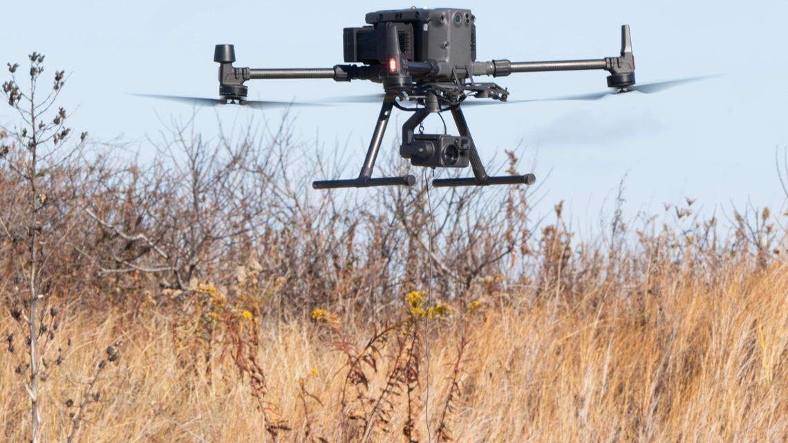 A large drone is demonstrated before the start of a press conference in New Jersey to address the issue of hundreds of drone sighting in Monmouth and Ocean counties as well as the New York area.