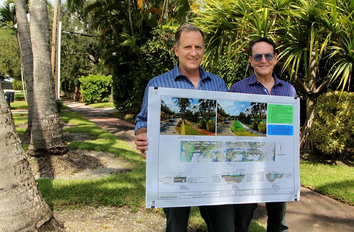 Homeowners Curt Dyer, left, and Bruce Bender display a rendering of a proposed solution to flooding that affects their Miami Beach house at 5900 Alton Road, on Wednesday, September 18, 2019.