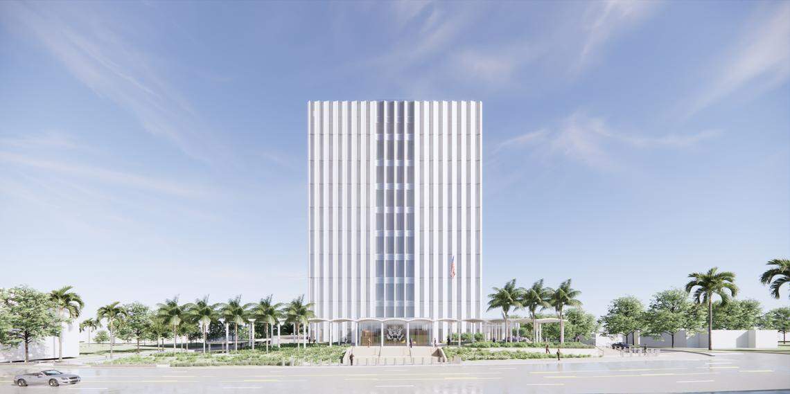 An architectural rendering depicts the $190 million U.S. Courthouse, by the firm of Skidmore, Owings & Merrill, to be built on the south bank of the Tarpon River in Fort Lauderdale.