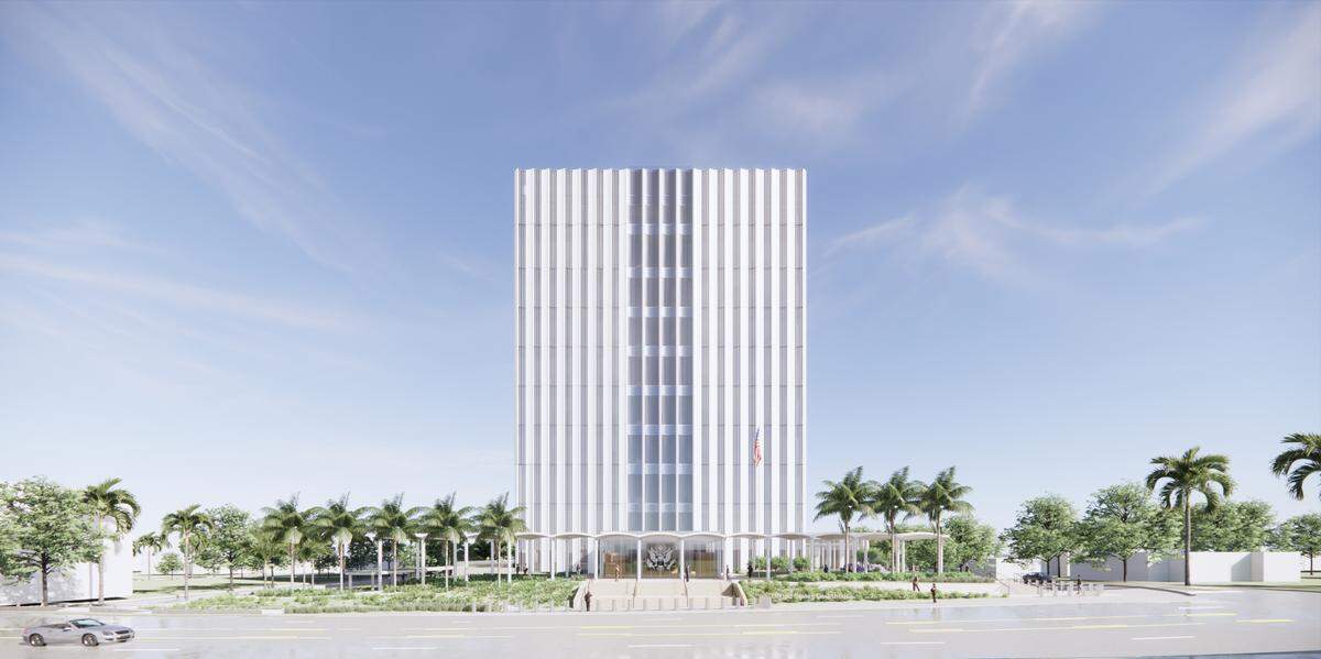 An architectural rendering depicts the $190 million U.S. Courthouse, by the firm of Skidmore, Owings & Merrill, to be built on the south bank of the Tarpon River in Fort Lauderdale.