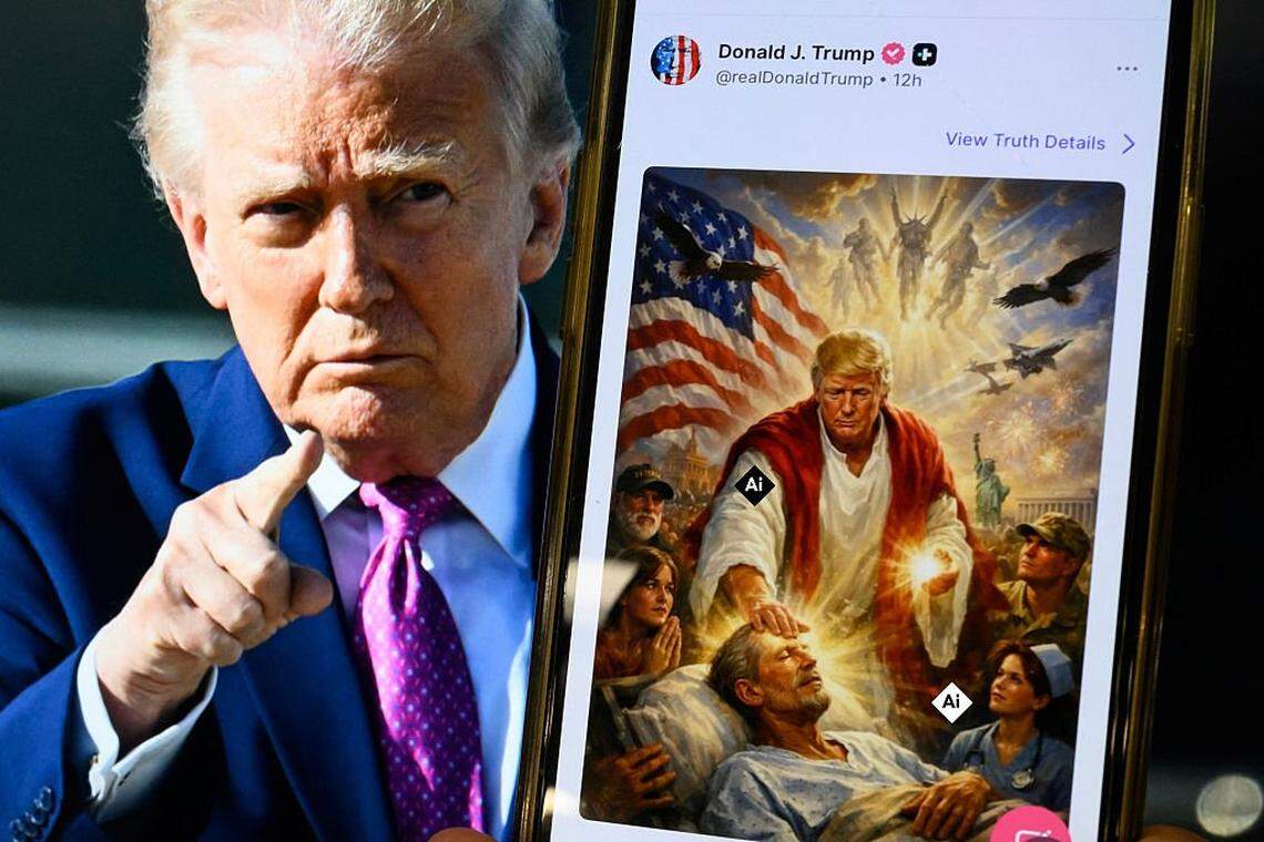 TOPSHOT - This photo illustration created on April 13, 2026 shows a picture of US President Donald Trump on a screen and an AI-generated picture he posted on his Truth Social platform depicting himself as Jesus Christ after criticizing Pope Leo XIV. Trump later posted an AI-generated image seemingly depicting himself as Jesus Christ. In the image, the president appears dressed in red and white robes as he cures a man with his healing hand. The American flag is shown over his shoulder. Trump and the White House have previously shared AI-generated images, including one that showed the president dressed as the pope. (Photo by Mandel NGAN / AFP via Getty Images) / NOTE TO  EDITORS : ADDITION OF THE AFP VISUAL LABEL TO THE IMAGE GENERATED BY ARTIFICIAL INTELLIGENCE