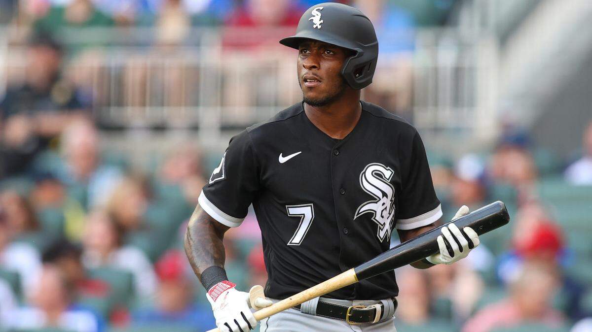 Jul 15, 2023; Atlanta, Georgia, USA; Chicago White Sox shortstop Tim Anderson (7) reacts after a strikeout against the Atlanta Braves in the first inning at Truist Park.