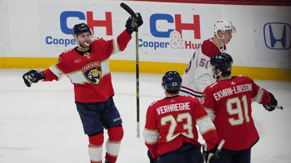 Dec 30, 2023; Sunrise, Florida, USA; Florida Panthers center Sam Bennett (9) celebrates a goal against the Montreal Canadiens during the third period at Amerant Bank Arena.