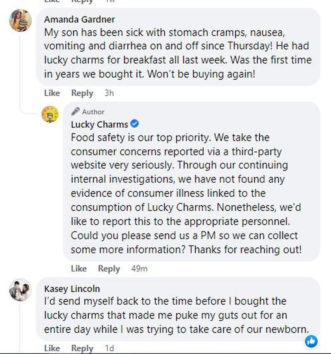 General Mills has been fielding claims of illness from Lucky Charms on social media for weeks.