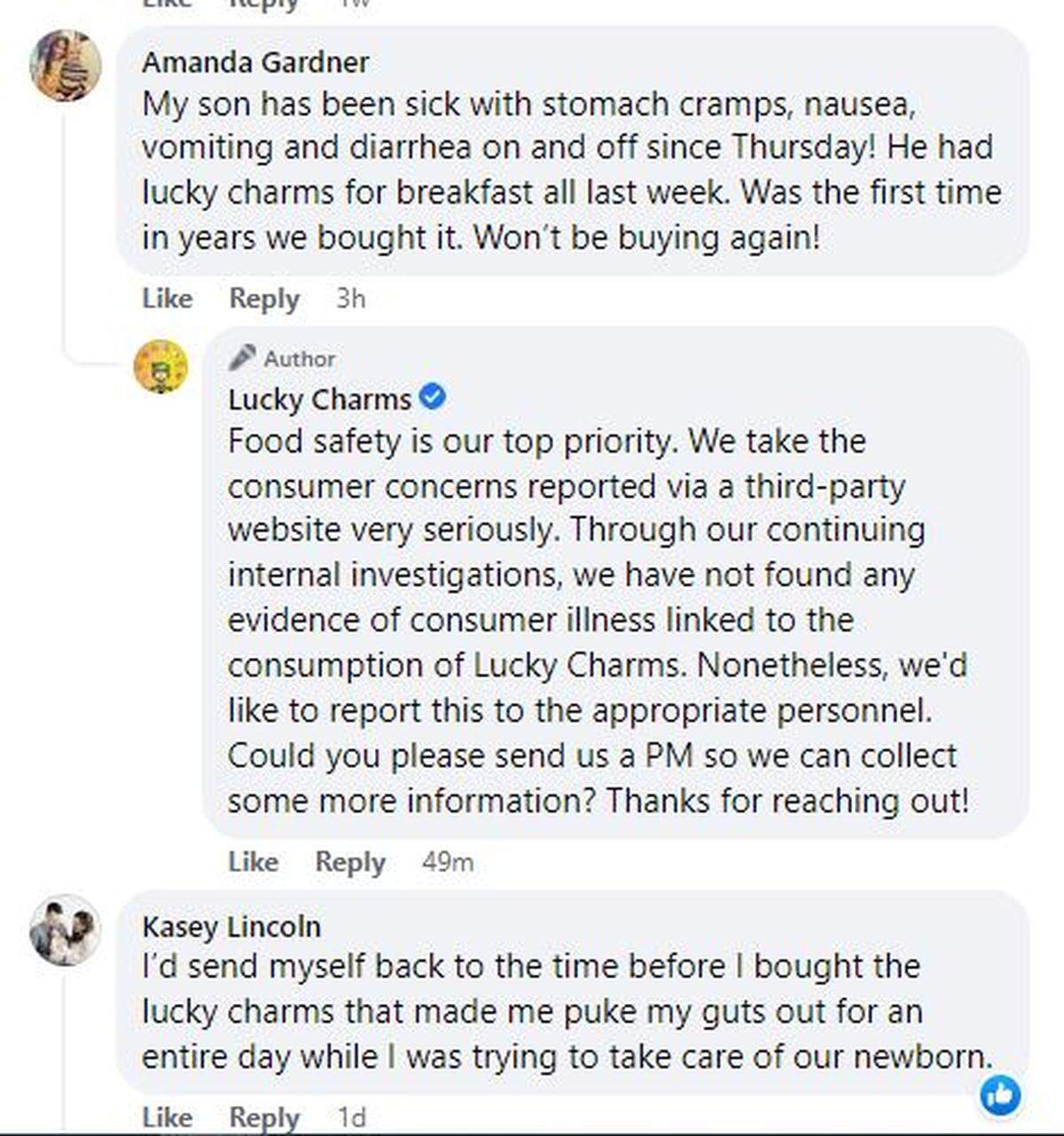 General Mills has been fielding claims of illness from Lucky Charms on social media for weeks.