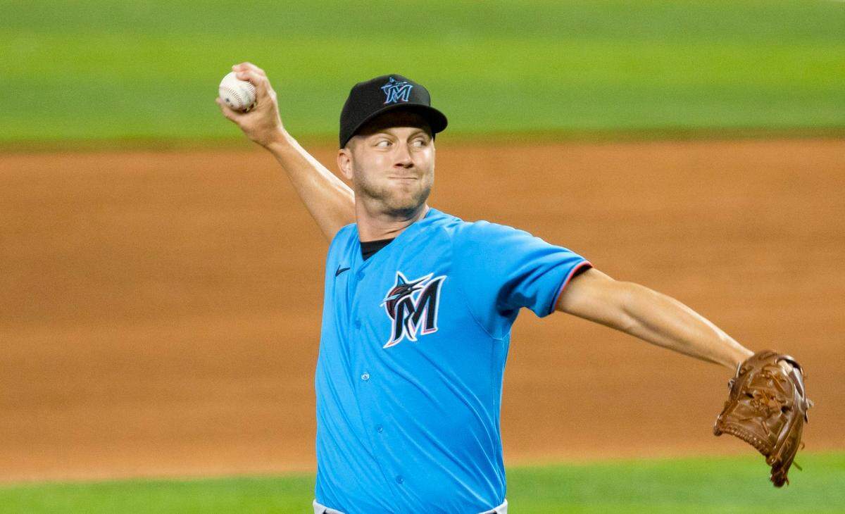 Marlins right-handed pitcher Brad Boxberger pitches during the third day of Marlins training camp at Marlins Park in Little Havana, Florida on Saturday, July 4, 2020.