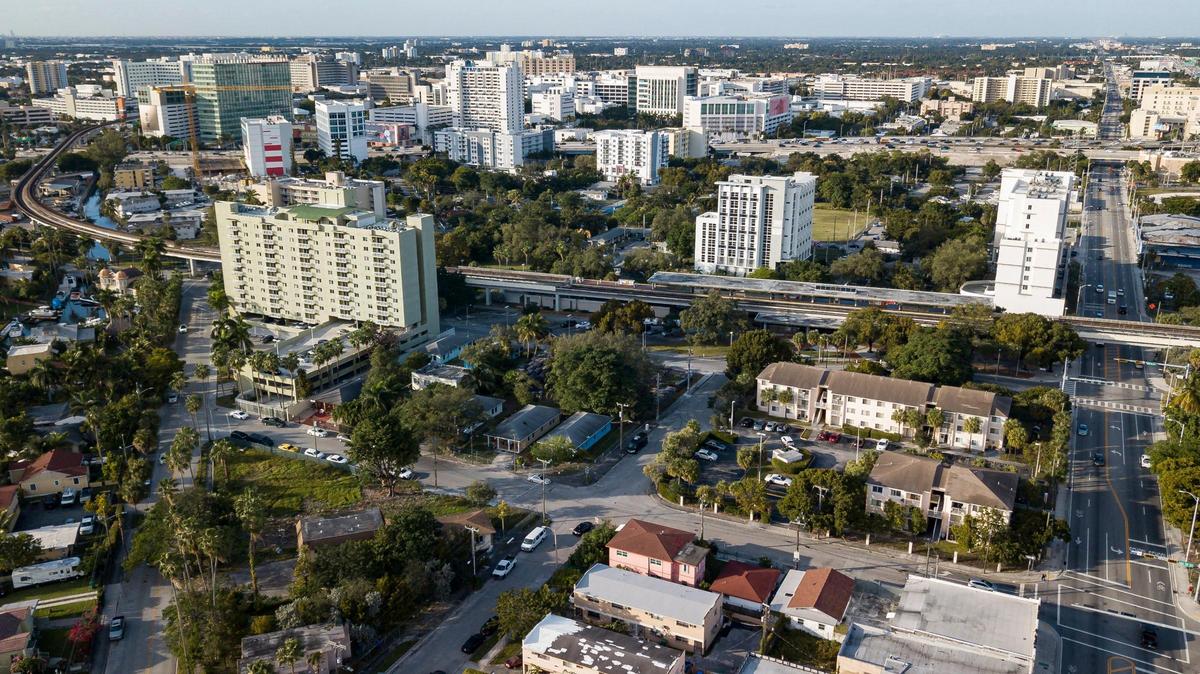 An aerial view of Miami’s Highland Park, with the Jackson Memorial Hospital complex seen at the top just north of the Dolphin Expressway.