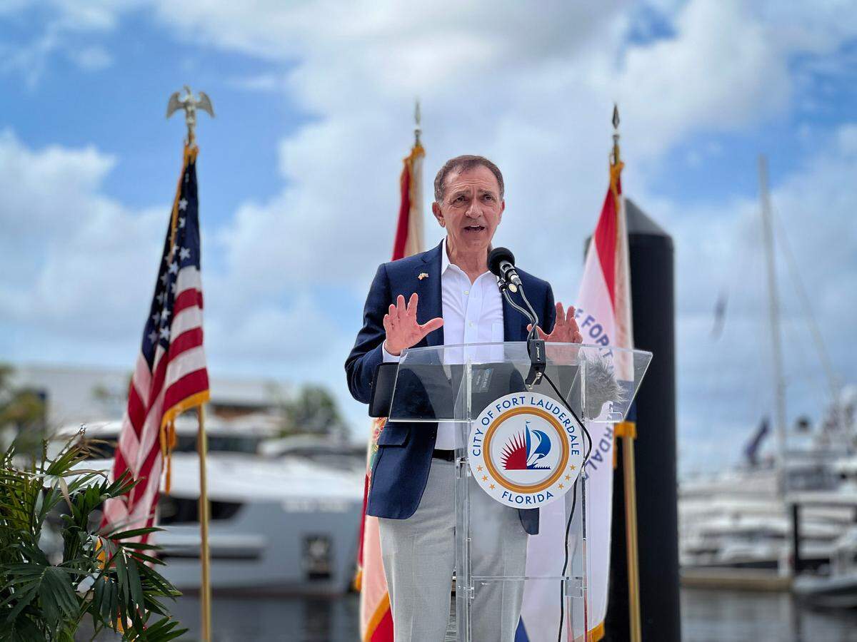 Mayor Dean Trantalis speaks at the Las Olas Marina ribbon cutting ceremony on Oct. 29. The marina officially opened just before the Fort Lauderdale International Boat Show.