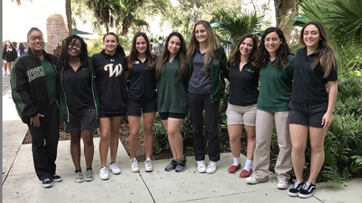 Select Westminster Christian School students were nominated for the Miami Herald’s Silver Knight Award for their academic achievements and community service. From left: Arielle Fedee, Elisabeth Campbell, Kelsey Mira, Hailey Mira, Valentina Riveros, Amanda Maier, Carolina Gonzalez, Gabriela Hernandez and Sabrina Campos-Noguera.