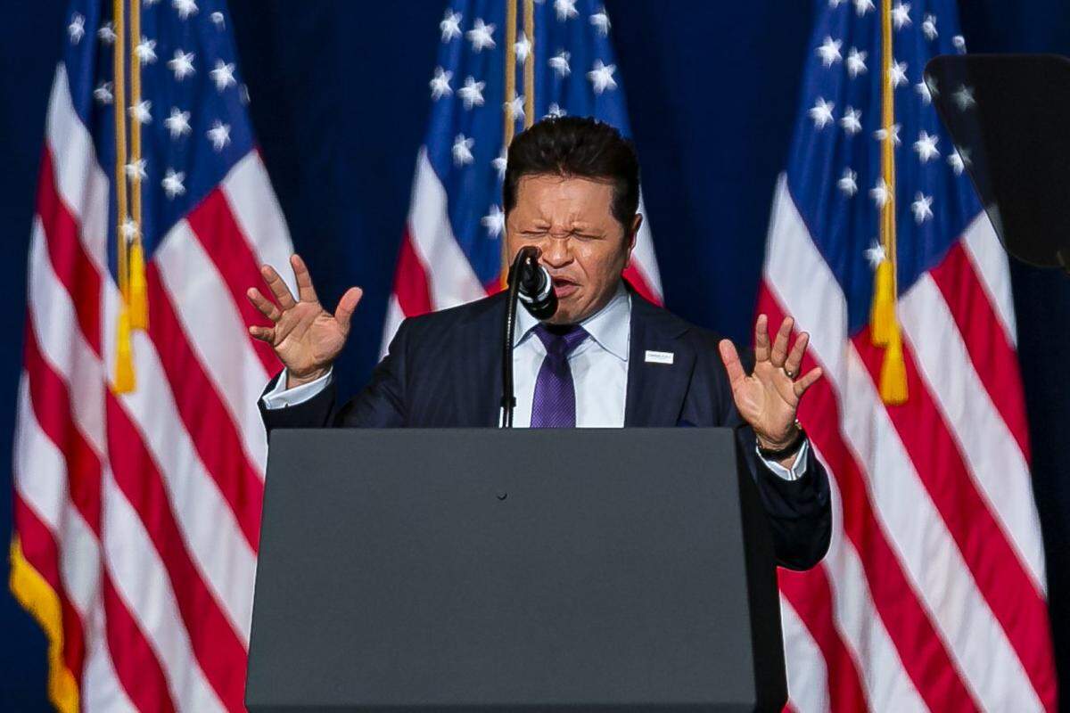 Guillermo Maldonado, the head pastor of the King Jesus International Ministry, prays at his church in Miami during President Donald Trump’s Evangelicals for Trump rally on January 3, 2020.