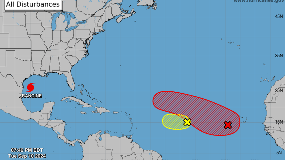 The hurricane center is eyeing two disturbances in the Atlantic, which currently pose no threat to land.