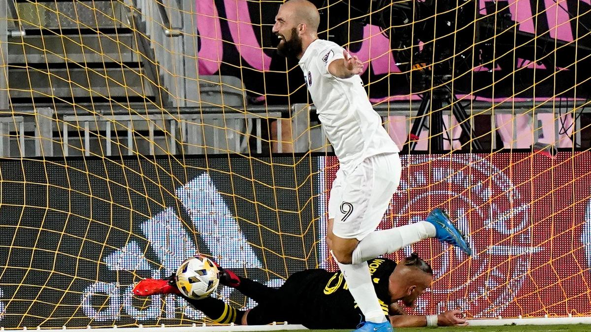 Inter Miami forward Gonzalo Higuain (9) celebrates after scoring a goal as Columbus Crew defender Vito Wormgoor falls to the field on Sept. 11, 2021. He is questionable for the road game against the Crew on Aug. 31, 2022