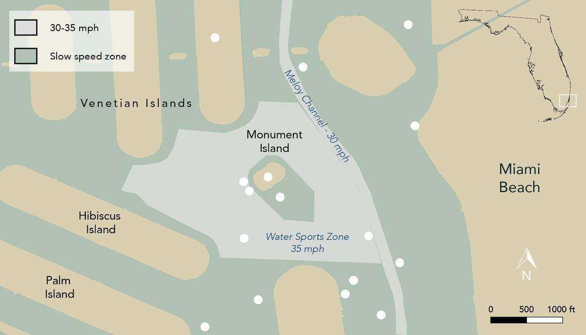 Although a small slow speed zone around Monument Island exists, city and county officials are urging FWC to extend the zone and change the designated 35 mph zone around the island. The dots on the map represent recent accidents around the island from 2014-2018, according to data obtained from FWC.