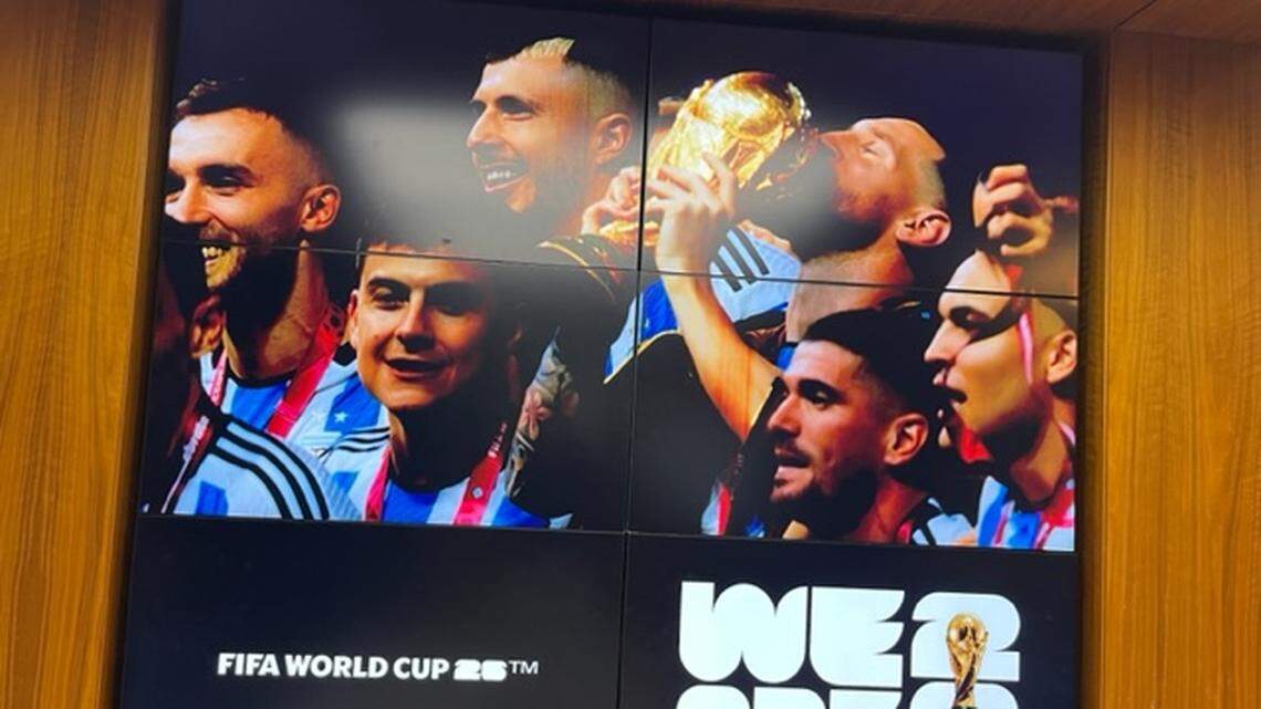 Images of Inter Miami star and World Cup champion Lionel Messi greet visitors at FIFA’s World Cup ’26 headquarters in Coral Gables, Florida.