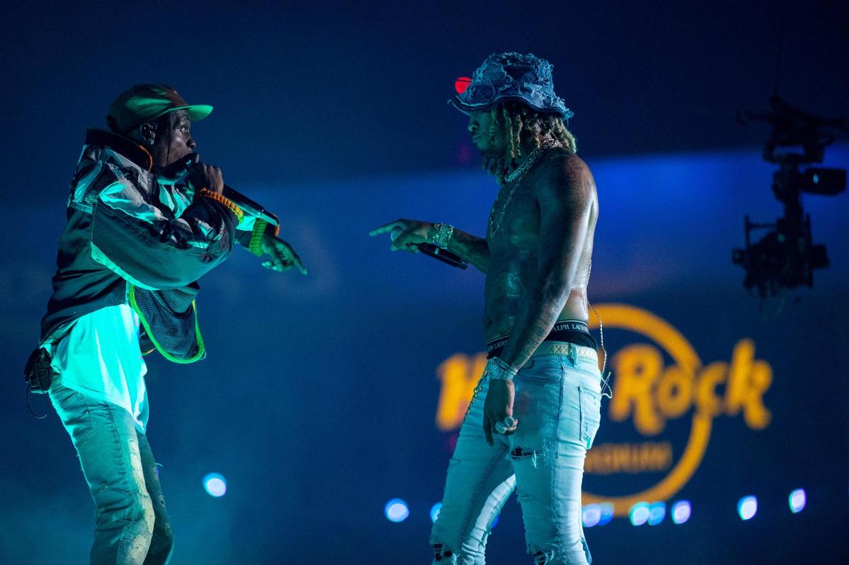 American rapper Travis Scott performs on the Ciroc main stage after being brought out as a suprise guest by fellow rapper Future during the second day of Rolling Loud Miami, an international hip-hop festival, at Hard Rock Stadium in Miami Gardens, Florida, on Saturday, July 23, 2022.