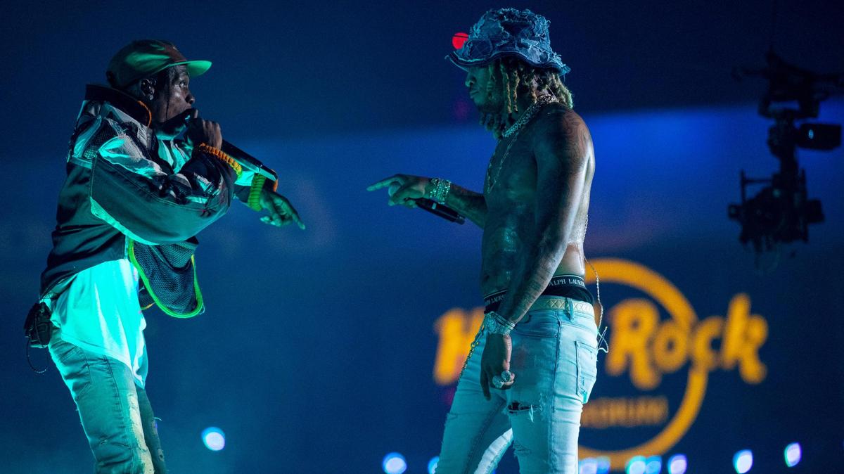 American rapper Travis Scott performs on the Ciroc main stage after being brought out as a suprise guest by fellow rapper Future during the second day of Rolling Loud Miami, an international hip-hop festival, at Hard Rock Stadium in Miami Gardens, Florida, on Saturday, July 23, 2022.