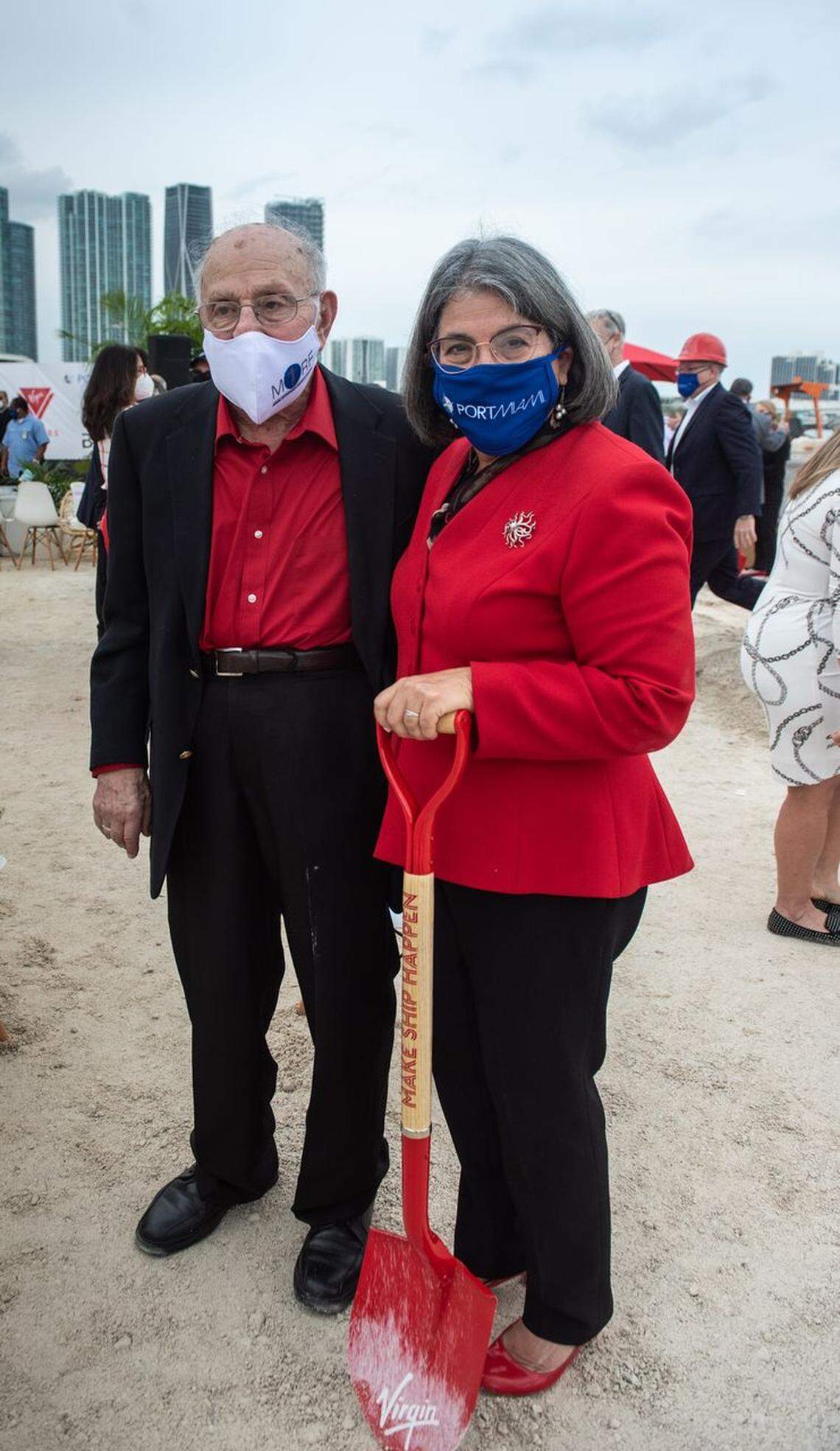Paul Levine pauses for a photo with his daughter, Miami-Dade Mayor Daniella Levine Cava, during a ground-breaking ceremony at PortMiami on Jan. 12, 2021.