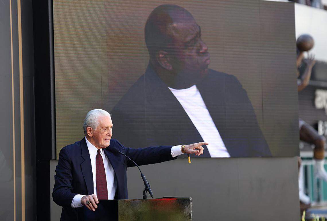 Los Angeles Lakers former head coach Pat Riley speaks during the unveiling of his statue at Crypto.com Arena on February 22, 2026 in Los Angeles.