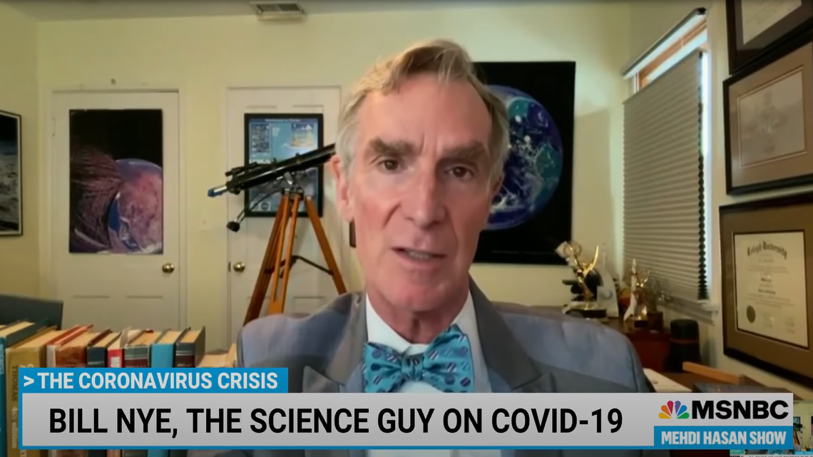 Screen grab of Bill Nye’s interview with MSNBC’s Mehdi Hasan on Sunday about people who are hesitant to get vaccinated against COVID-19.