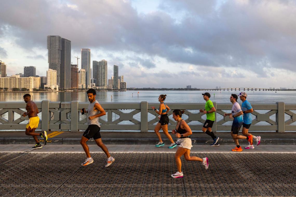 Runners cross the Venetian Causeway as they participate in the 23rd annual Life Time Miami Marathon and Half Marathon on Sunday, February 2, 2025, in Miami, Fla.