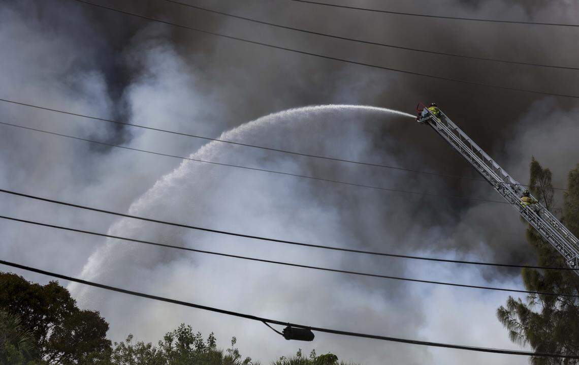 A massive warehouse blaze near Miami Gardens prompted multiple Miami-Dade Fire Rescue units to respond on Thursday, March 5, 2026, in Miami Gardens, Fla.
