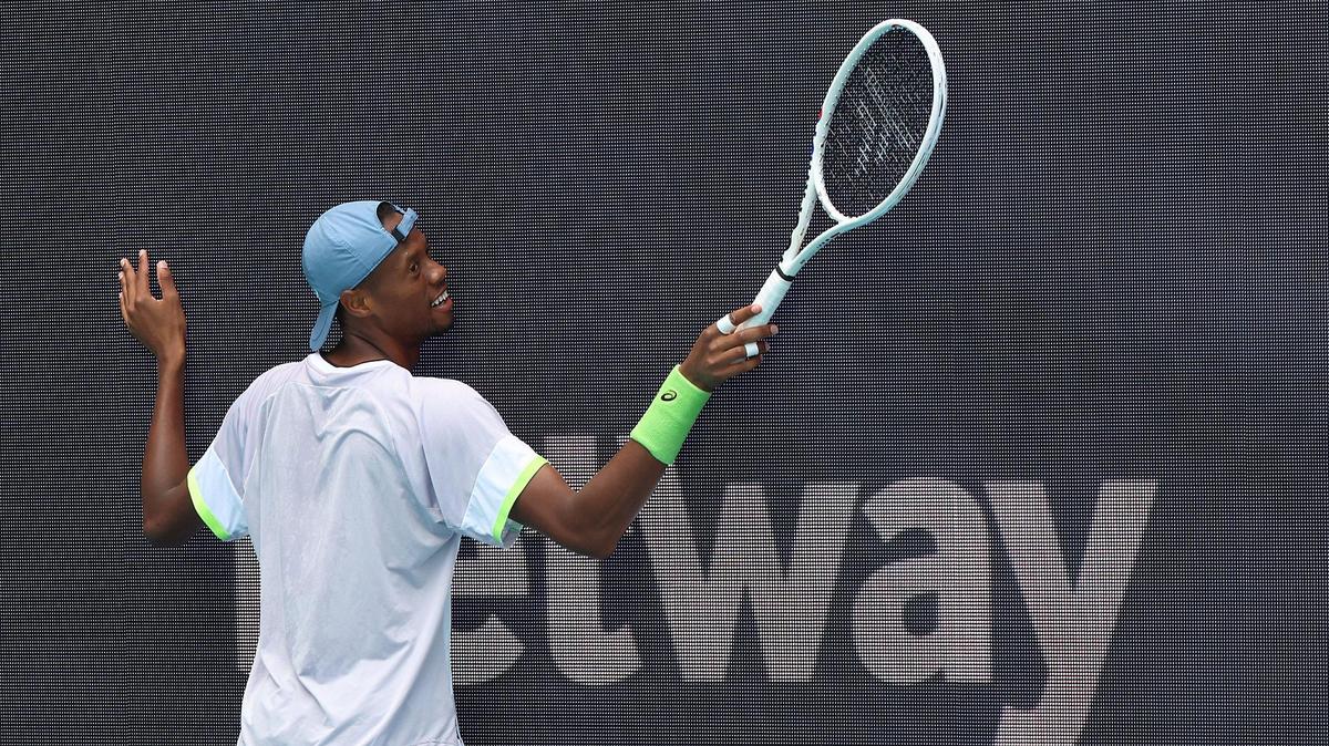 American tennis player Christopher Eubanks (ranked: 119) leans against the wall after an exhausting attempt to return it while playing in the quarter-final round of the men’s singles against Russian tennis player Daniil Medvedev (ranked: 5) during the Miami Open at Hard Rock Stadium in Miami Gardens, Florida on Thursday, March 30, 2023.