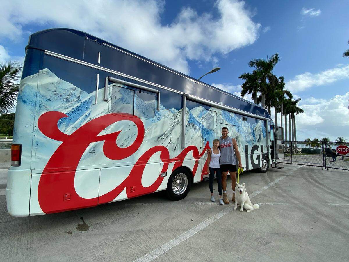 Center Meyers Leonard, his wife Elle, and their dog Koko left Miami on Thursday in a Coors Light branded RV — what’s being called the Coors Light “Chillstream” — for a cross-country trip that will leave them in Los Angeles on Saturday, Nov. 7.