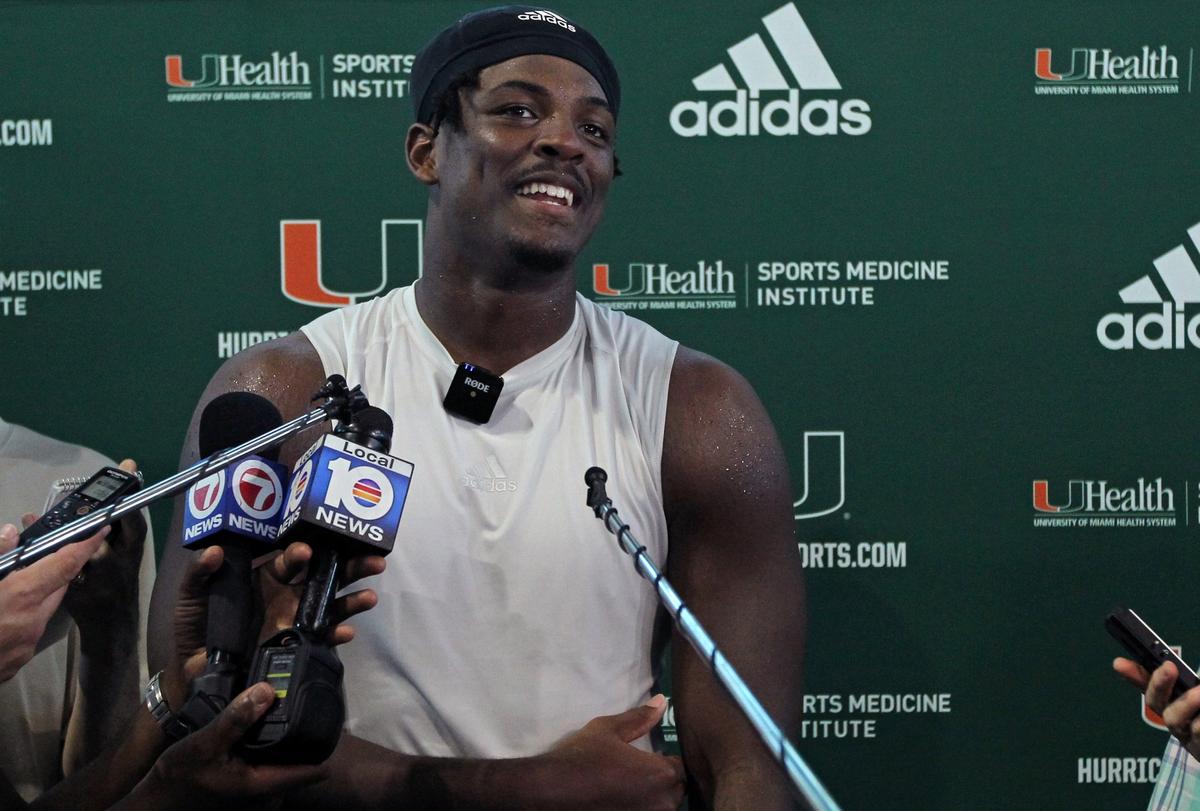 Miami Hurricanes defensive linemen Gregory Rousseau talks to the media after practice at the University of Miami Greentree Practice Field in Coral Gables on Tuesday, September 10, 2019 in preparation for their home opener against Bethune-Cookman Wildcats on Saturday at Hard Rock Stadium.